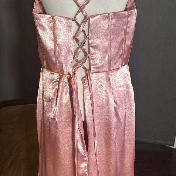 Pink Full Length Prom Party Dress Criss Cross Back Straps Leg Slit Size 14 NEW - Picture 7 of 11